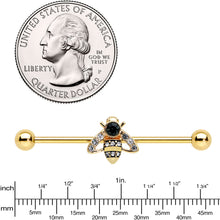 Load image into Gallery viewer, 14G Clear Black Gem Gold Tone Angular Bee Industrial Barbell 38mm
