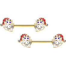 Load image into Gallery viewer, 14G 9/16 Clear Gem Gold Hue Happy Santa Christmas Nipple Ring Set
