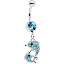 Load image into Gallery viewer, Blue Gem Double Dolphin Dangle Belly Ring
