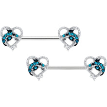 Load image into Gallery viewer, 14G 9/16 Clear Blue Gem Dolphin Heart Barbell Nipple Ring Set

