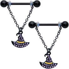 Load image into Gallery viewer, 14G 9/16 Clear Gem Black Witch Hat Chain Dangle Nipple Ring Set
