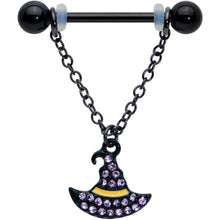 Load image into Gallery viewer, 14G 9/16 Clear Gem Black Witch Hat Chain Dangle Nipple Ring Set
