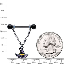 Load image into Gallery viewer, 14G 9/16 Clear Gem Black Witch Hat Chain Dangle Nipple Ring Set
