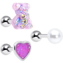 Load image into Gallery viewer, 16G 1/4 Bear Pearlescent Purple Heart Cartilage Tragus Curation Set of 3
