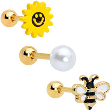 Load image into Gallery viewer, 16G 1/4 Gold Tone Bee Smile Flower Cartilage Earring Curation Set of 3
