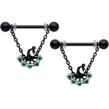 Load image into Gallery viewer, 14G 11/16 Black Green Peacock Dangle Barbell Nipple Ring Set
