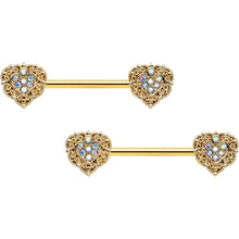 Load image into Gallery viewer, 14G 9/16 Aurora Gem Gold Tone Baroque Heart Nipple Ring Set
