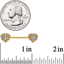 Load image into Gallery viewer, 14G 9/16 Aurora Gem Gold Tone Baroque Heart Nipple Ring Set
