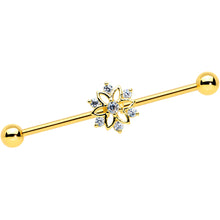 Load image into Gallery viewer, 14G Clear Gold Tone Flower SnowflakeChristmas Industrial Barbell 38mm
