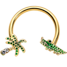 Load image into Gallery viewer, 16G 3/8 Gold Tone Green Gator Palm Tree Horseshoe Curved Barbell

