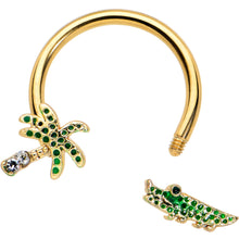 Load image into Gallery viewer, 16G 3/8 Gold Tone Green Gator Palm Tree Horseshoe Curved Barbell

