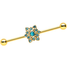 Load image into Gallery viewer, 14G Blue Gem Gold Hue Snowflake Christmas Industrial Barbell 38mm
