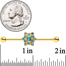 Load image into Gallery viewer, 14G Blue Gem Gold Hue Snowflake Christmas Industrial Barbell 38mm
