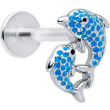 Load image into Gallery viewer, 16G 5/16 Black Gem Blue Leaping Dolphins Labret Monroe Tragus
