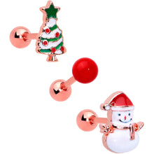 Load image into Gallery viewer, 16G 1/4 Red Gem Rose Gold Tone Snowman Christmas Tragus Set of 3
