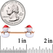Load image into Gallery viewer, 14G 9/16 Rose Gold Tone Smiling Snowman Christmas Nipple Ring Set
