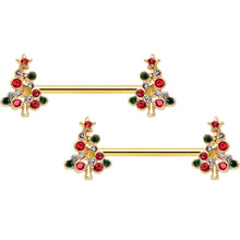 Load image into Gallery viewer, 14G 9/16 Red Gem Gold Tone Christmas Tree Nipple Ring Set
