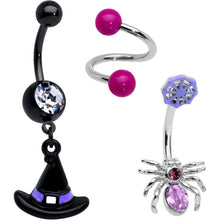 Load image into Gallery viewer, Purple Gem Black Witch Spider Spiral Halloween Belly Ring Set of 3
