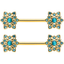 Load image into Gallery viewer, 14G 9/16 Aqua Gem Gold Tone Snowflake Christmas Nipple Ring Set

