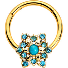 Load image into Gallery viewer, 16G 3/8 Aqua Gem Gold Tone Snowflake Christmas Hinged Segment Ring
