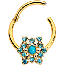 Load image into Gallery viewer, 16G 3/8 Aqua Gem Gold Tone Snowflake Christmas Hinged Segment Ring
