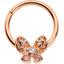 Load image into Gallery viewer, 16G 3/8 Clear Gem Rose Gold Hue Airy Butterfly Hinged Segment Ring
