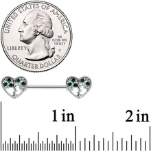 Load image into Gallery viewer, 14G 9/16 Green Gem Heart Tree Valentine Nipple Ring Set
