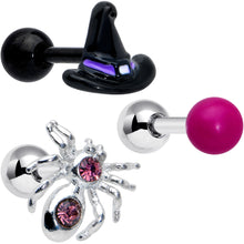 Load image into Gallery viewer, 16G 1/4 Pink Gem Spider Witch Halloween Cartilage Tragus Set of 3
