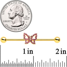 Load image into Gallery viewer, 14G Pink Gem Gold Tone Simple Butterfly Industrial Barbell 38mm
