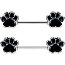 Load image into Gallery viewer, 14G 9/16 Textured Black Paw Print Barbell Nipple Ring Set
