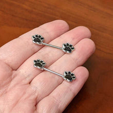 Load image into Gallery viewer, 14G 9/16 Textured Black Paw Print Barbell Nipple Ring Set
