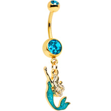 Load image into Gallery viewer, Blue Gem Gold Tone Green Faux Opal Mermaid Dangle Belly Ring
