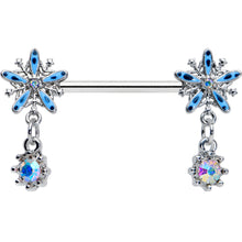 Load image into Gallery viewer, 14G 9/16 Aurora Gem Snowflake Blues Christmas Nipple Ring Set
