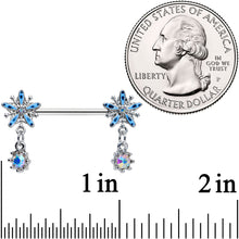 Load image into Gallery viewer, 14G 9/16 Aurora Gem Snowflake Blues Christmas Nipple Ring Set
