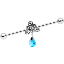 Load image into Gallery viewer, 14G Blue Gem Scrolling Elegance Dangle Industrial Barbell 38mm
