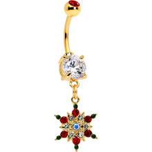 Load image into Gallery viewer, Aurora Red Green Gem Gold Tone Christmas Star Holiday Dangle Belly Ring
