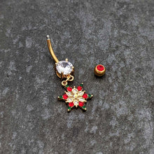 Load image into Gallery viewer, Aurora Red Green Gem Gold Tone Christmas Star Holiday Dangle Belly Ring
