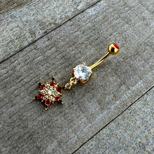 Load image into Gallery viewer, Aurora Red Green Gem Gold Tone Christmas Star Holiday Dangle Belly Ring
