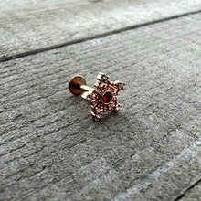 Load image into Gallery viewer, 16G 1/4 Red Gem Rose Gold Tone Texture Snowflake Labret Tragus
