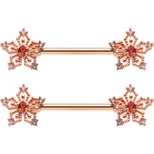 Load image into Gallery viewer, 14G 9/16 Red Gem Rosy Hue Texture Snowflake Barbell Nipple Ring Set
