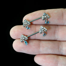 Load image into Gallery viewer, 14G 9/16 Blue Gem Scrolling Elegance Dangle Nipple Ring Set
