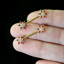 Load image into Gallery viewer, 14G 9/16 Red Gem Gold Hue Bright Christmas Barbell Nipple Ring Set
