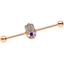 Load image into Gallery viewer, 14G Blue Gem Rose Gold Tone Hamsa Hand Eye Industrial Barbell 38mm
