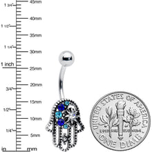 Load image into Gallery viewer, Clear Blue Gem Textured Hamsa Hand Belly Ring
