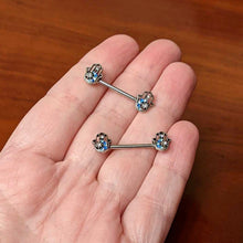 Load image into Gallery viewer, 14G 9/16 Clear Blue Gem Textured Hamsa Hand Nipple Ring Set
