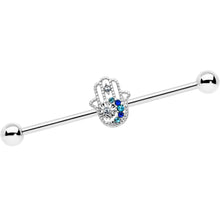 Load image into Gallery viewer, 14G Clear Blue Gem Textured Hamsa Hand Industrial Barbell 38mm
