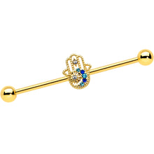 Load image into Gallery viewer, 14G Blue Gem Gold Tone Texture Hamsa Hand Industrial Barbell 38mm
