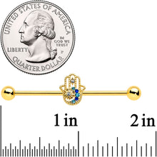 Load image into Gallery viewer, 14G Blue Gem Gold Tone Texture Hamsa Hand Industrial Barbell 38mm
