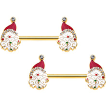 Load image into Gallery viewer, 14G 1/2 Clear Gem Gold Tone Decorated Santa Barbell Nipple Ring Set
