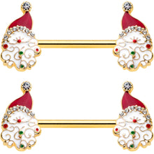 Load image into Gallery viewer, 14G 1/2 Clear Gem Gold Tone Decorated Santa Barbell Nipple Ring Set
